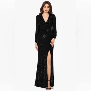 Xscape high slit sequin gown, black size 16W